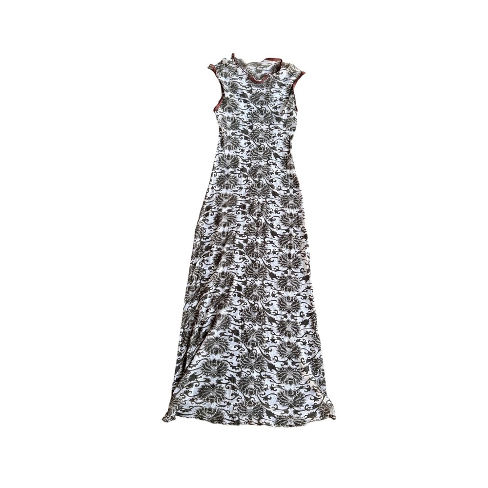 Brown Floral‎ Mesh Maxi Dress Sleeveless Sheer Damask Print Bodycon Summer 51in